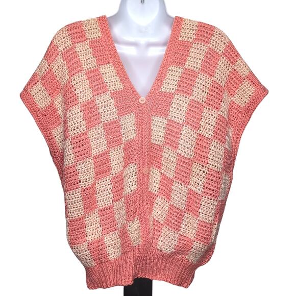 Hand Knit Handmade Pullover Sweater Vest Crop Top Size M Peach Checkerboard NEW - Picture 3 of 10